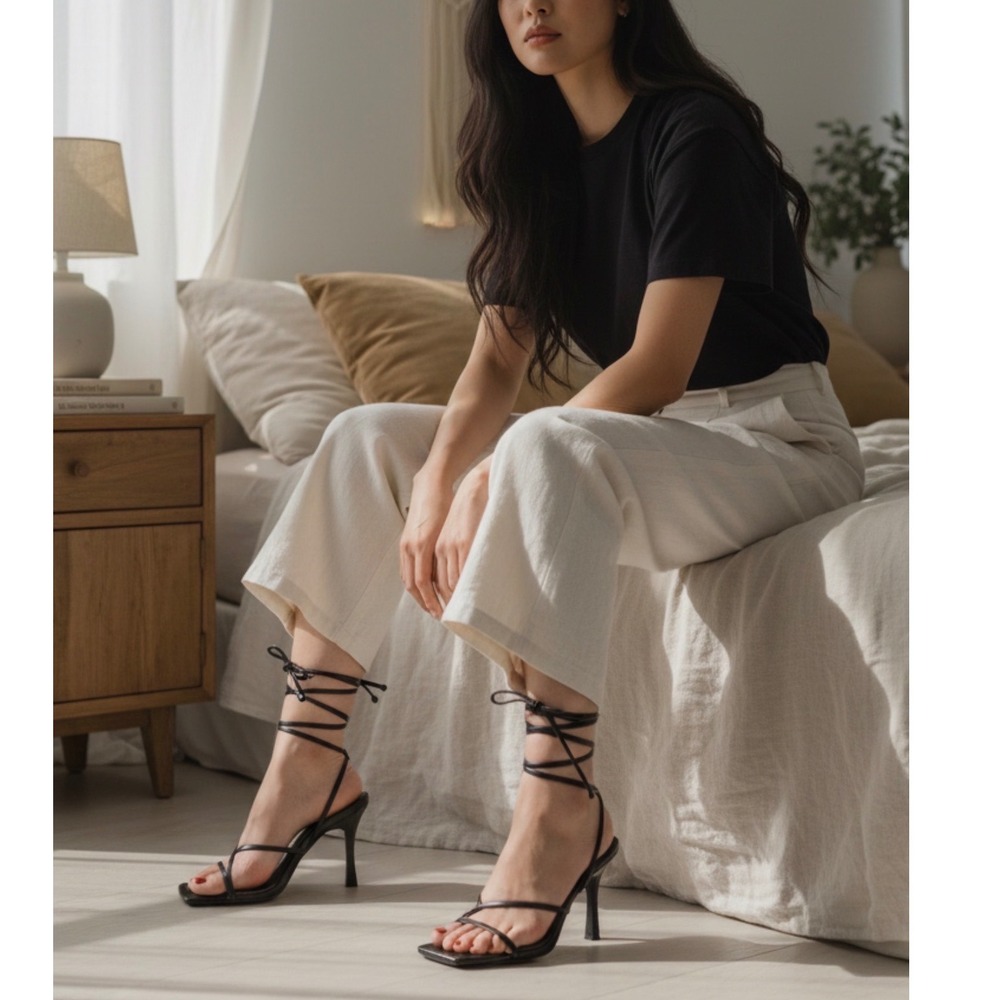 NIB Black Crocodile Embossed Square Toe Lace Up High Heel Sandals Women US 8